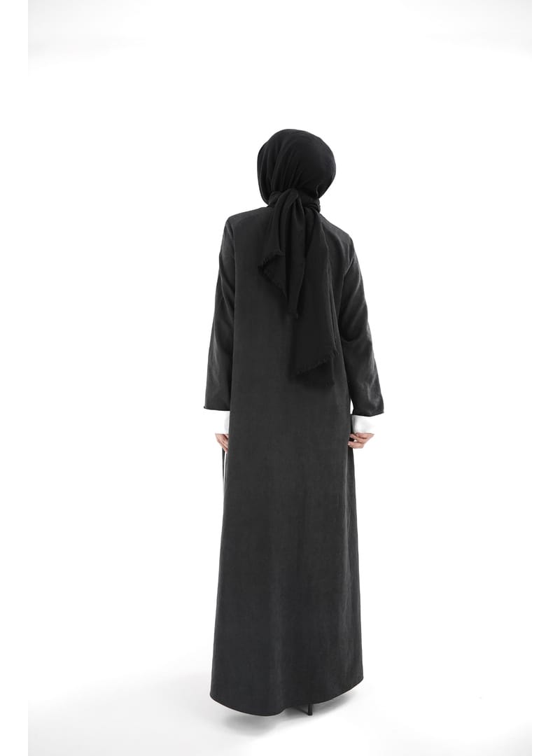 Sare Cupra Biyeli Kol Katlamalı Abaya – Siyah - Beyaz Siyah Beyaz - Resim 4