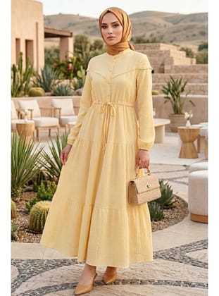 Düğmeli Sarı Tesettür Elbise 10213SR