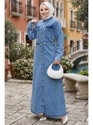 Düğmeli Denim Elbise Açık Mavi HM2897