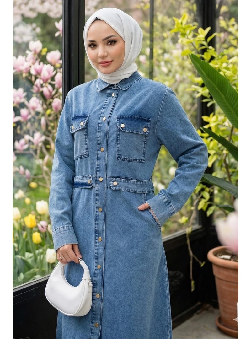 Düğmeli Denim Elbise Açık Mavi HM2897 - Resim 2