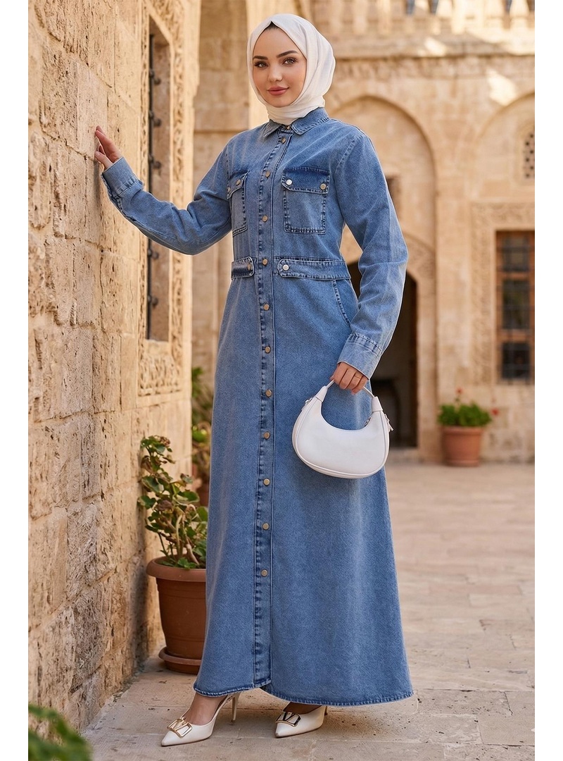 Düğmeli Denim Elbise Açık Mavi HM2897 - Resim 3