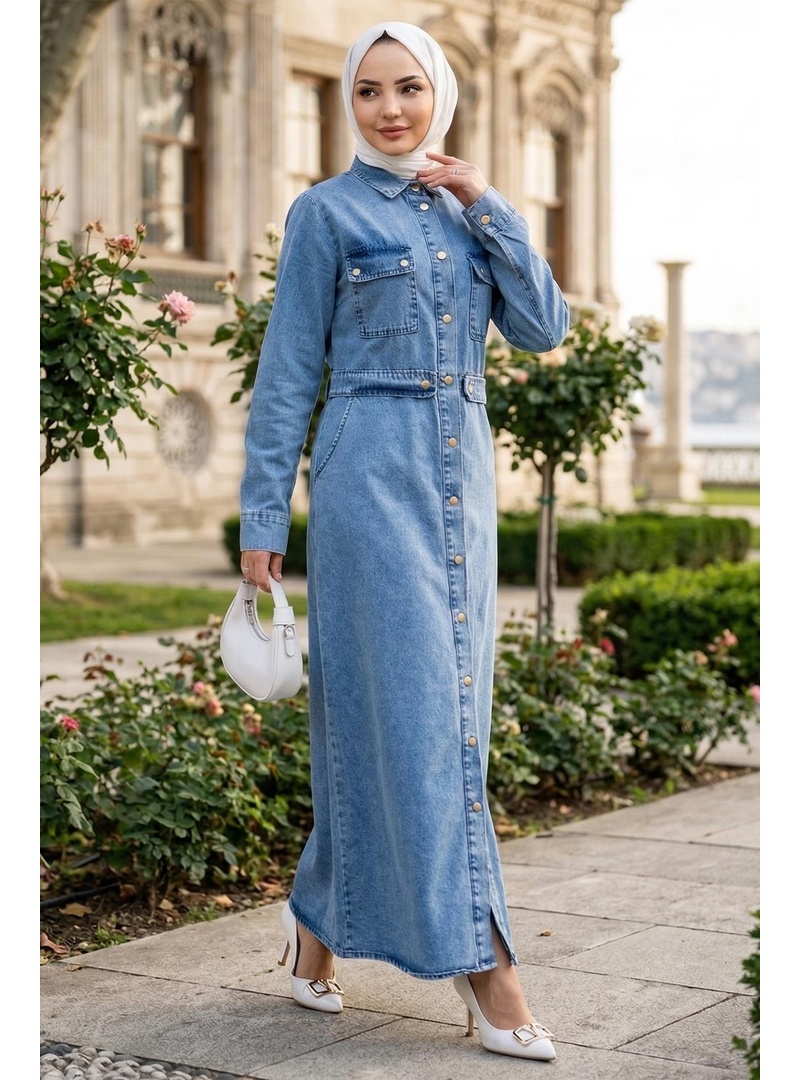 Düğmeli Denim Elbise Açık Mavi HM2897 - Resim 4
