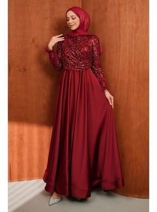 Bordo Kolları Tüylü Üstü Payetli Saten Abiye