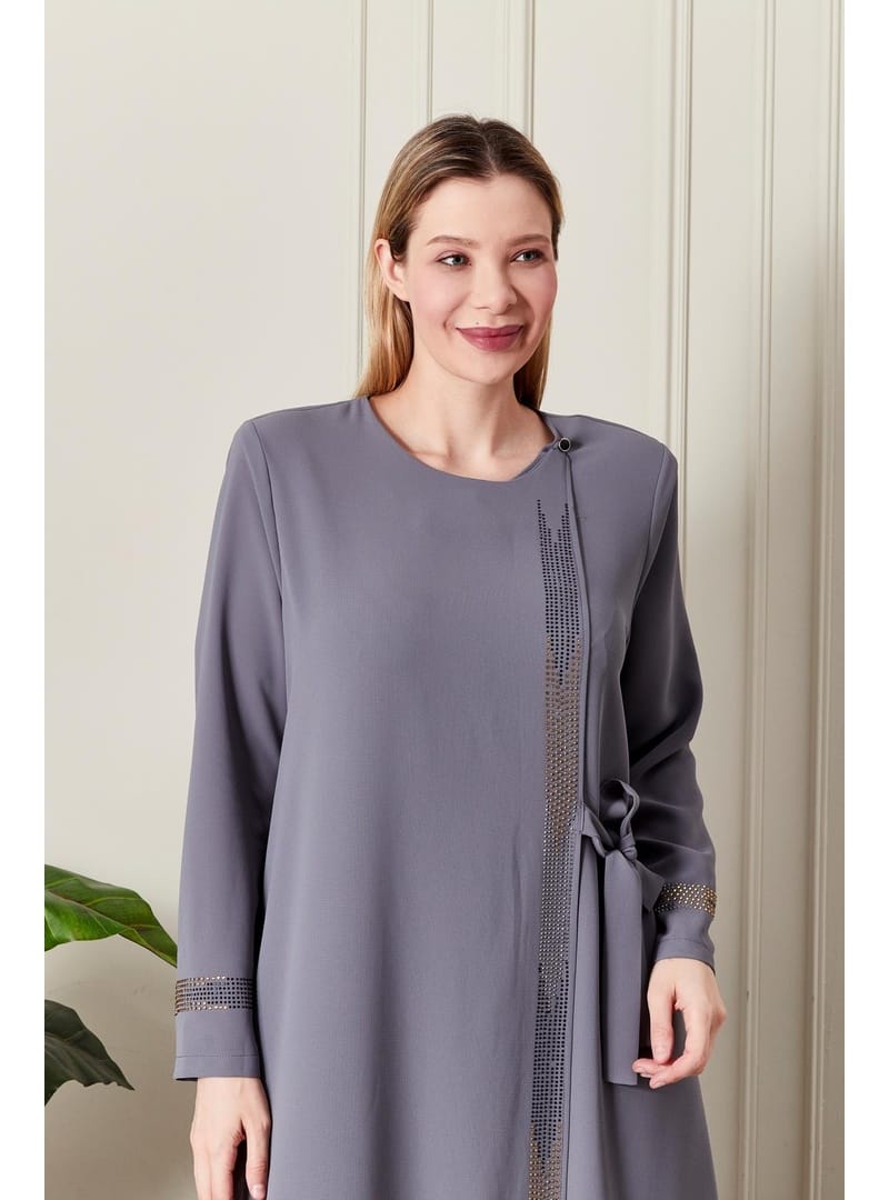 Kadın Büyük Beden Etamin Abaya Ferace Gri - Resim 3