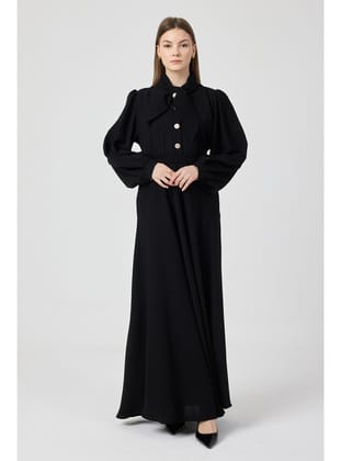 Fular Yaka Kuşaklı Elbise - Siyah