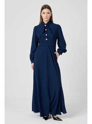 Fular Yaka Kuşaklı Elbise - Indigo