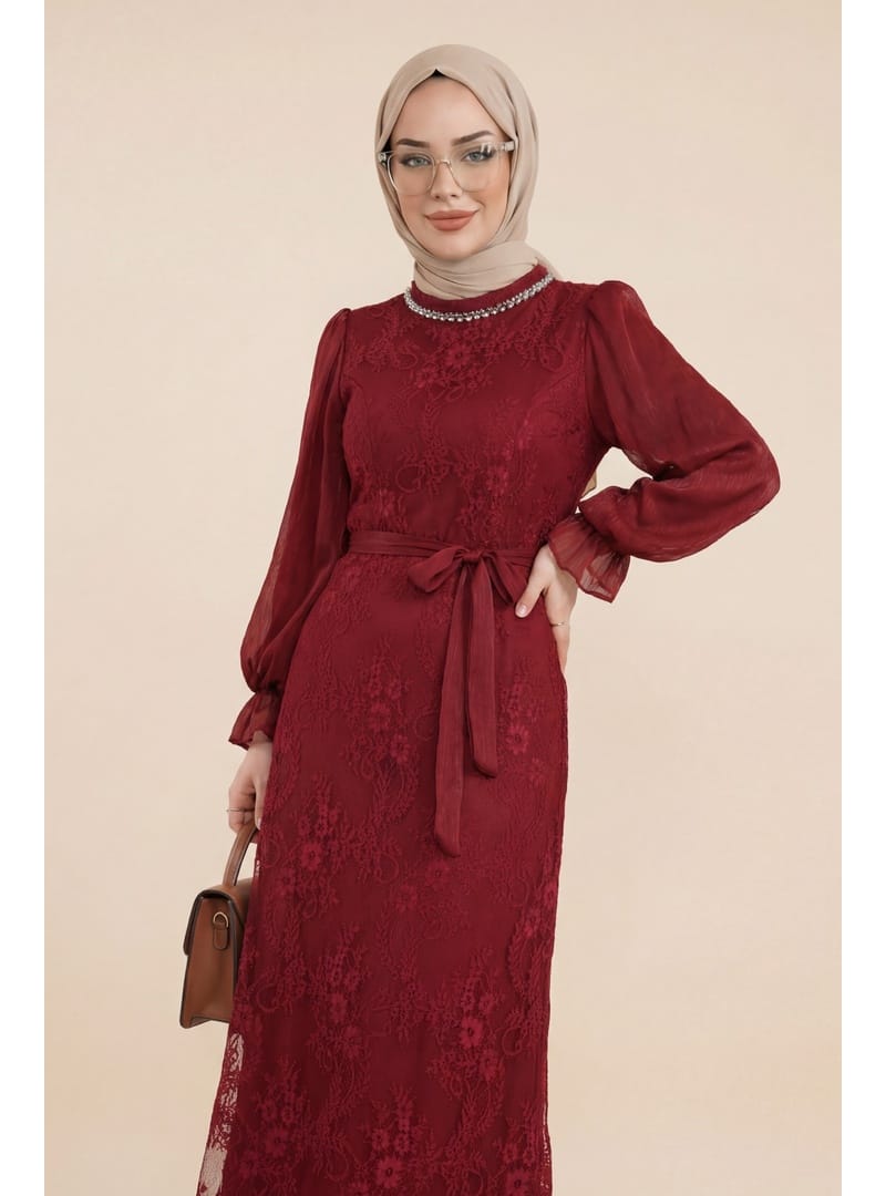 Dik Yaka Kolları Janjan Şifon Kemerli Dantel Elbise -Bordo - Resim 2