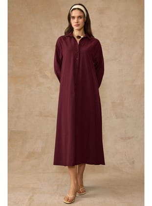 Yanları Düğme Detaylı Salaş Poplin Elbise BORDO 9316-E