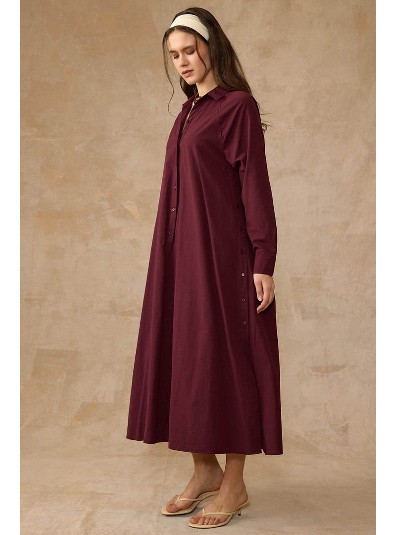 Yanları Düğme Detaylı Salaş Poplin Elbise BORDO 9316-E - Resim 2