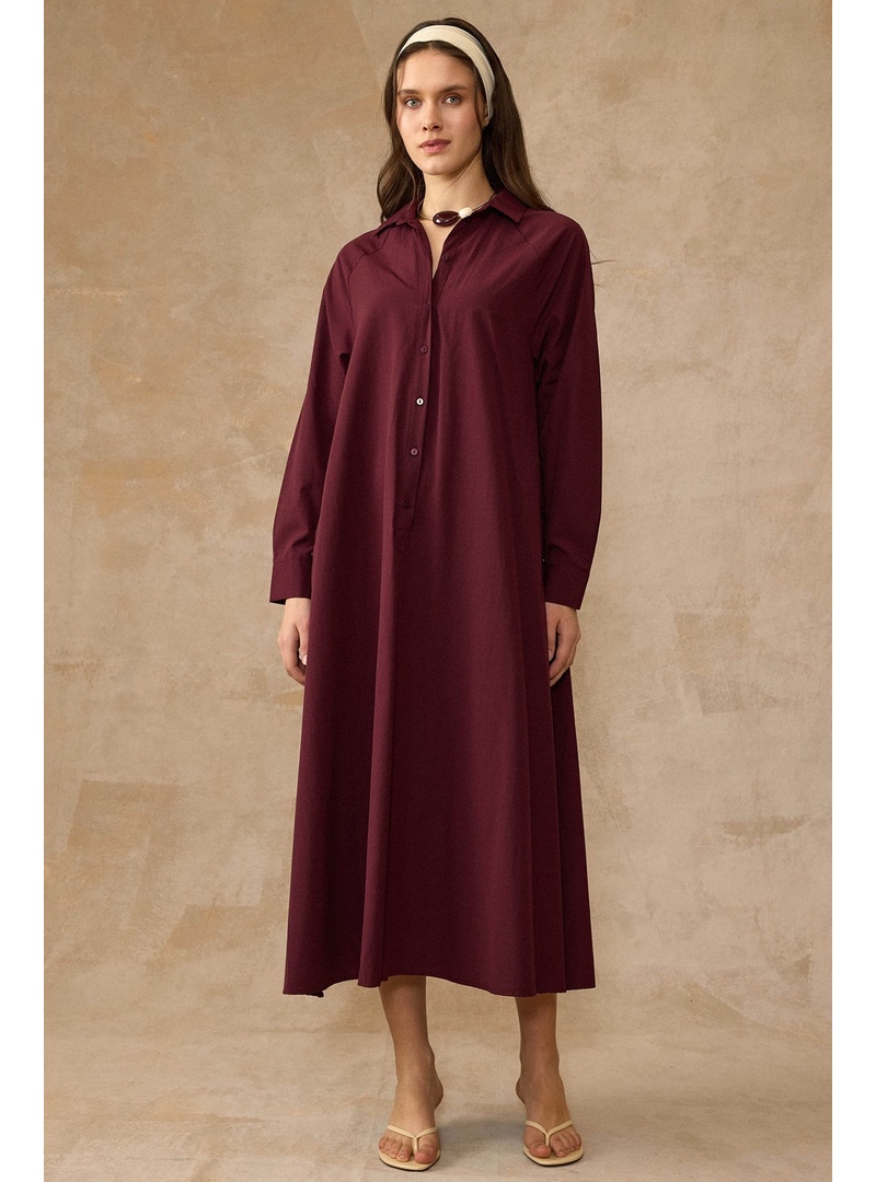 Yanları Düğme Detaylı Salaş Poplin Elbise BORDO 9316-E - Resim 3