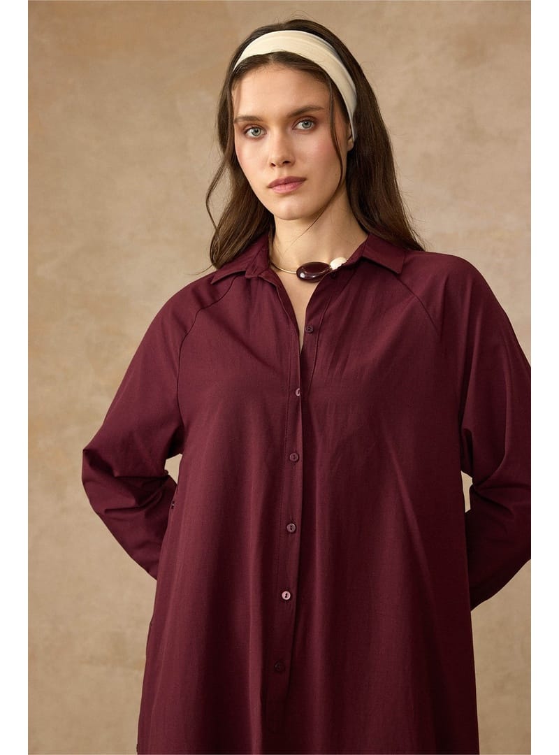 Yanları Düğme Detaylı Salaş Poplin Elbise BORDO 9316-E - Resim 4
