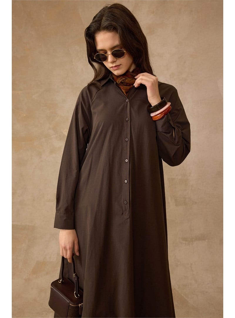 Yanları Düğme Detaylı Salaş Poplin Elbise KAHVE 9316-E - Resim 3