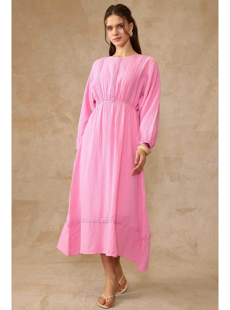 Şerit Detaylı Beli Lastikli Müslin Elbise PEMBE 9453-E - Resim 2