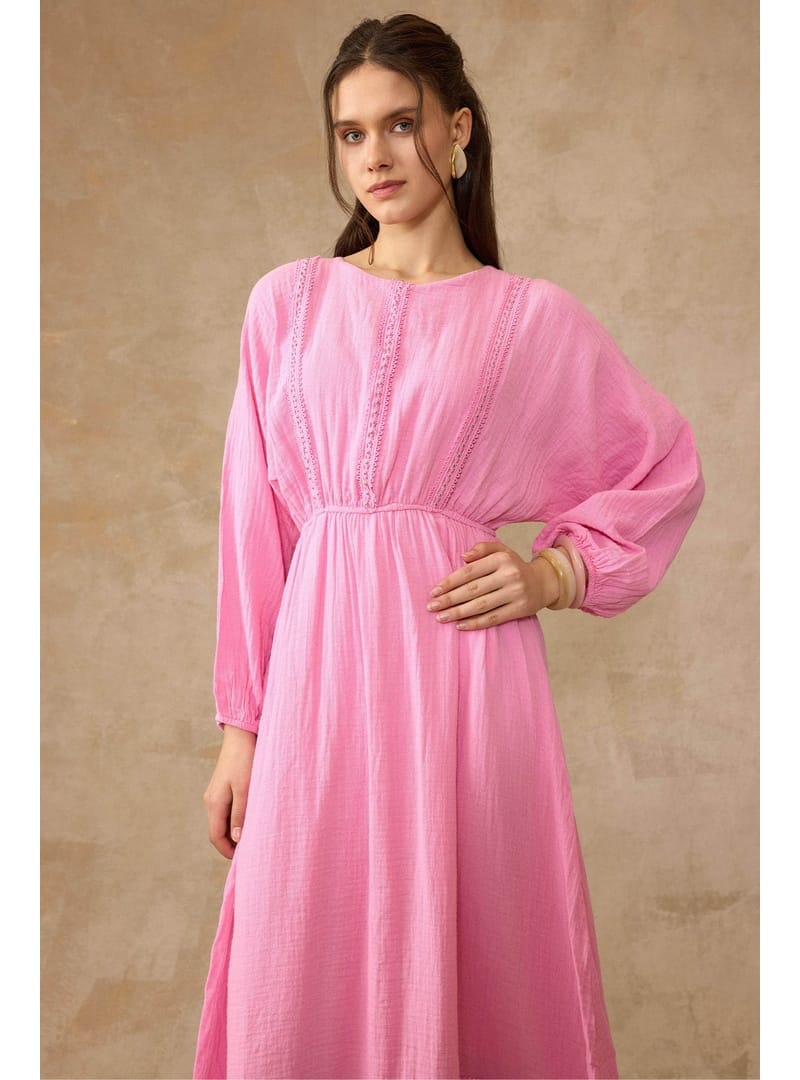 Şerit Detaylı Beli Lastikli Müslin Elbise PEMBE 9453-E - Resim 3