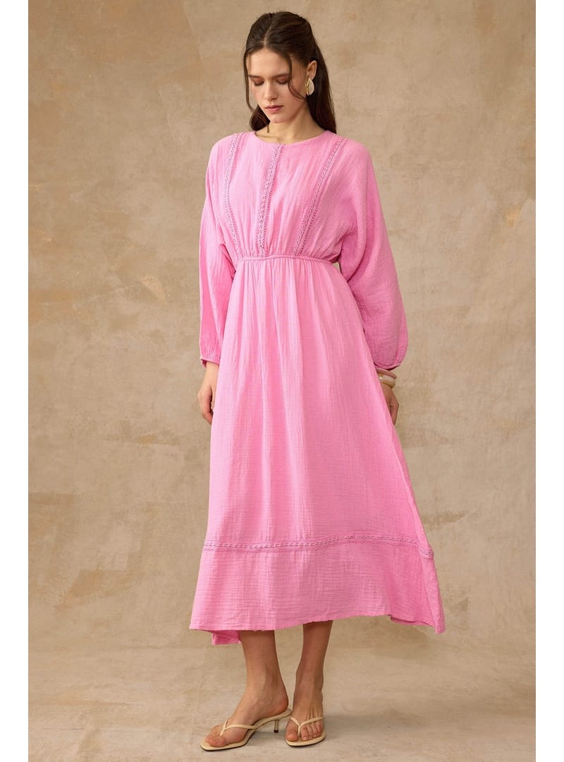 Şerit Detaylı Beli Lastikli Müslin Elbise PEMBE 9453-E - Resim 4