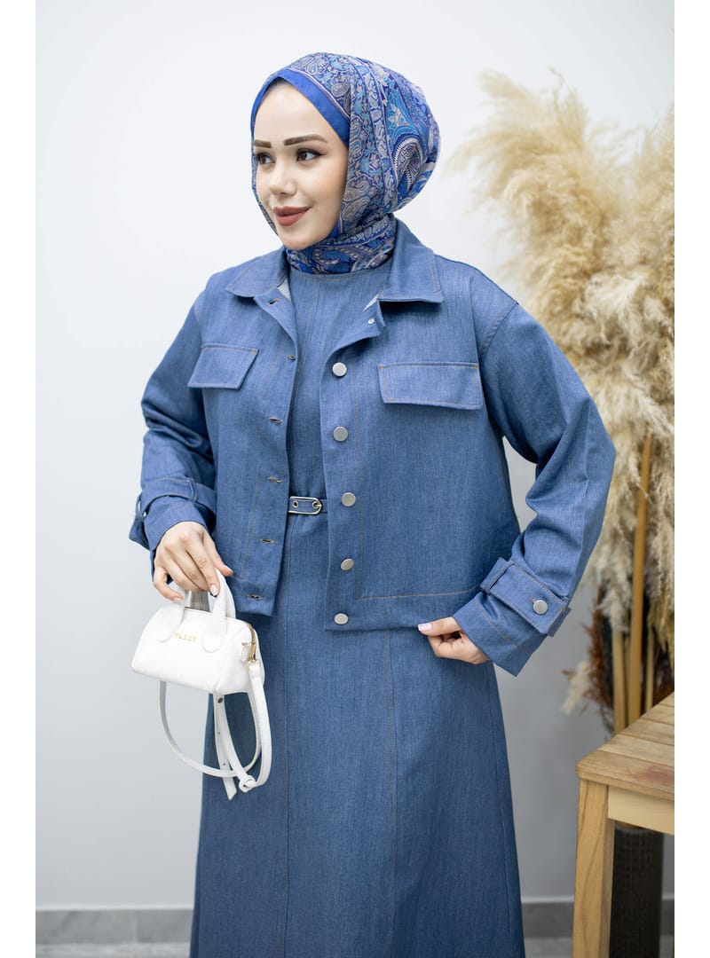 Kemerli Ceketli Denim Elbise TSD260164 Açık Mavi - Resim 2