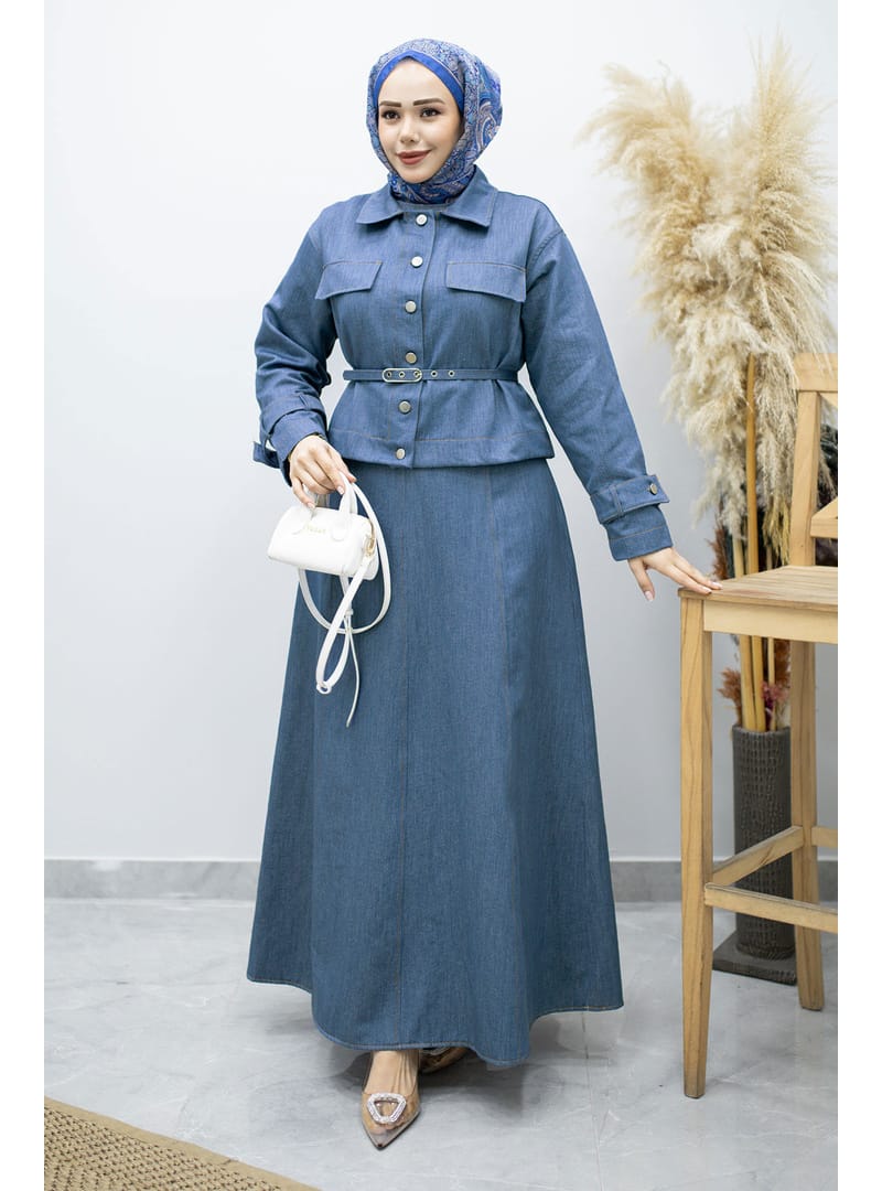 Kemerli Ceketli Denim Elbise TSD260164 Açık Mavi - Resim 3