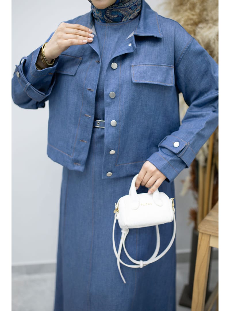 Kemerli Ceketli Denim Elbise TSD260164 Açık Mavi - Resim 4
