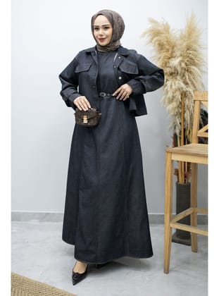 Kemerli Ceketli Denim Elbise TSD260164 Koyu Mavi