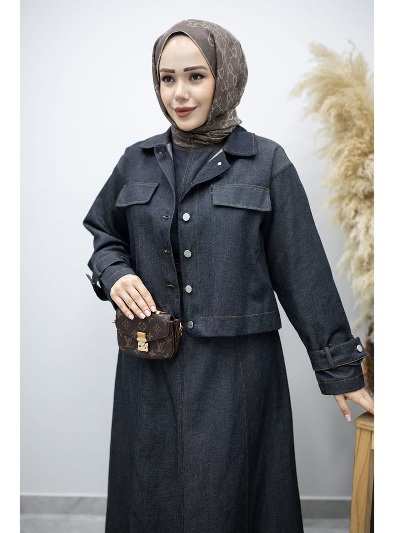 Kemerli Ceketli Denim Elbise TSD260164 Koyu Mavi - Resim 2