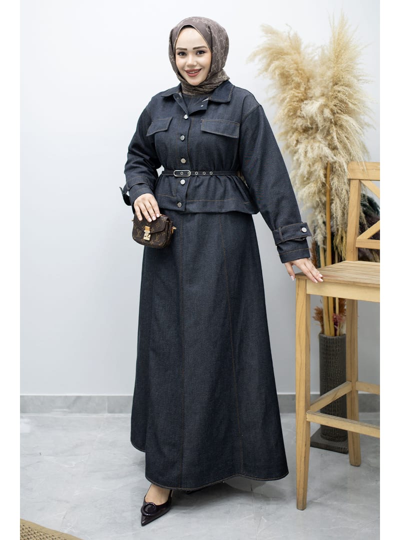 Kemerli Ceketli Denim Elbise TSD260164 Koyu Mavi - Resim 3