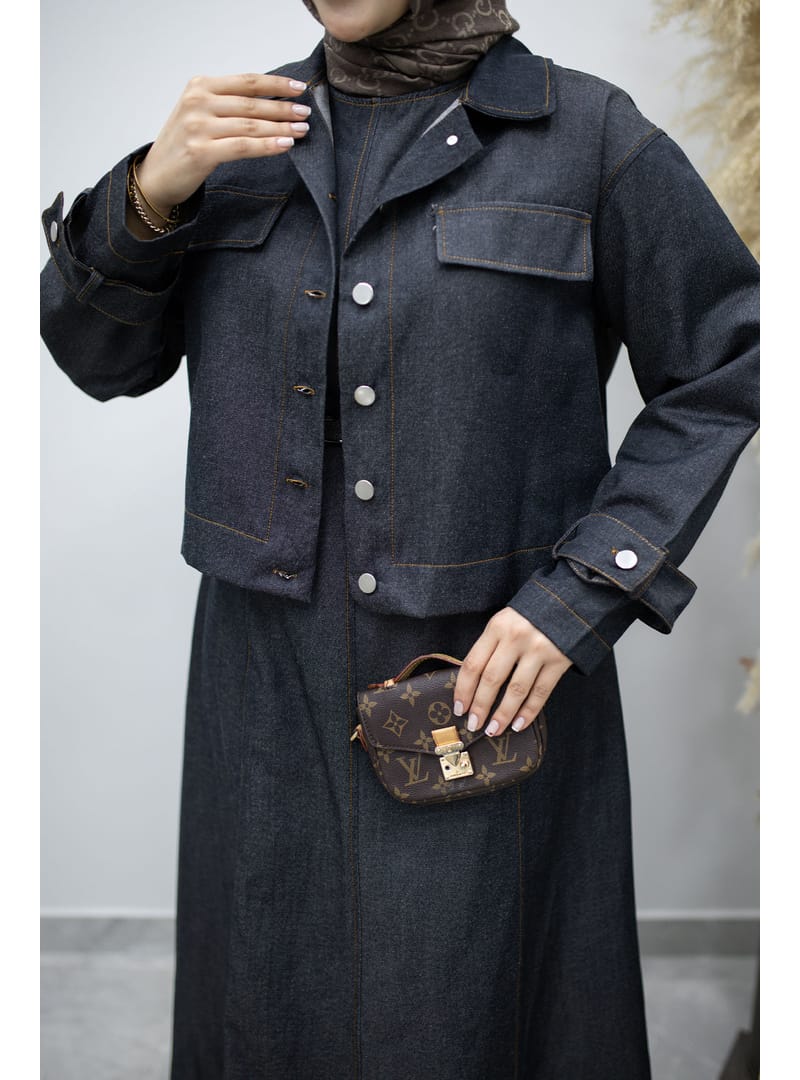 Kemerli Ceketli Denim Elbise TSD260164 Koyu Mavi - Resim 4