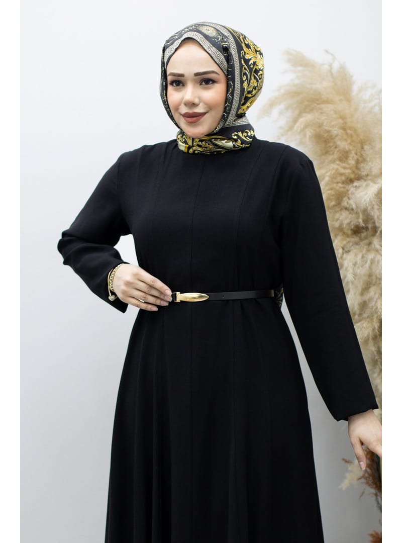 Pensli Hakim Yaka Kemerli Elbise TSD260184 Siyah - Resim 2
