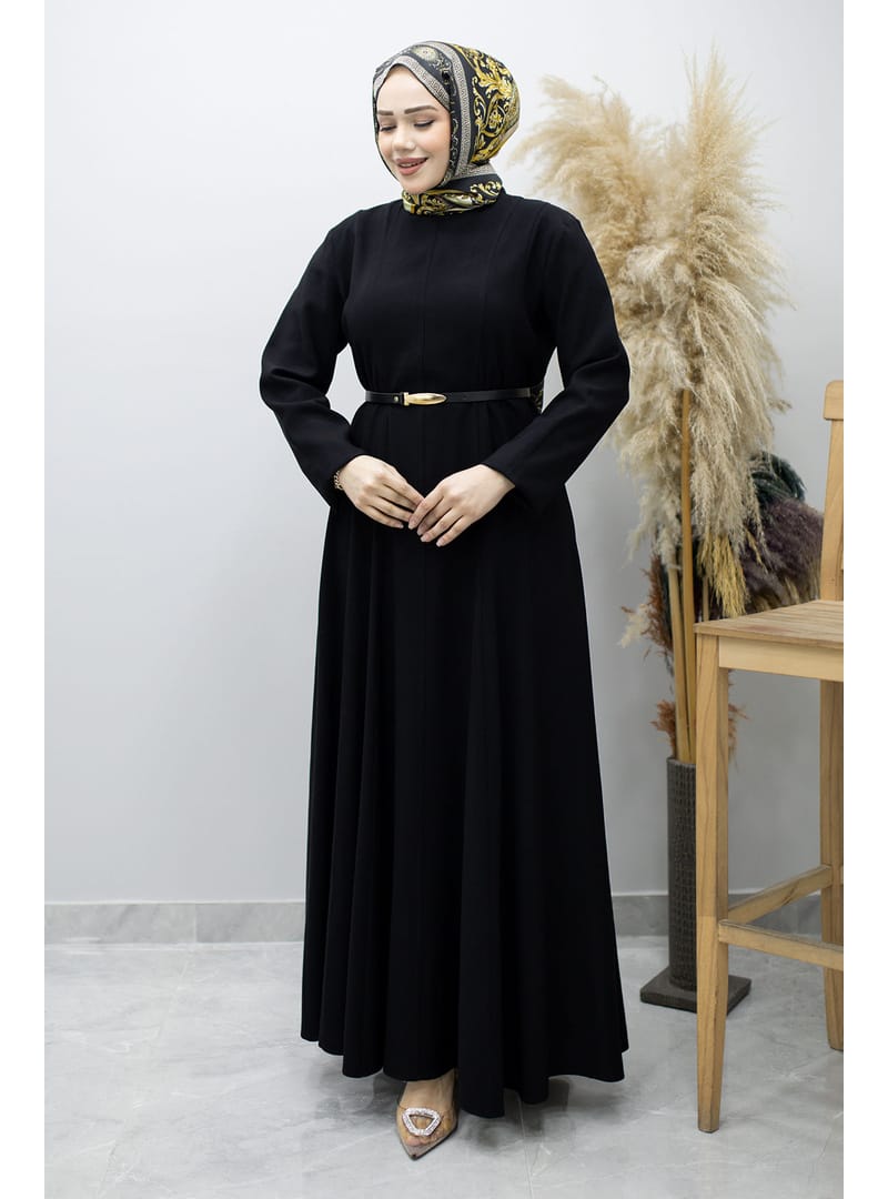 Pensli Hakim Yaka Kemerli Elbise TSD260184 Siyah - Resim 3