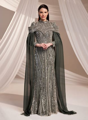 Elmas Abiye Elbise - Haki - Burak Baran Fashion