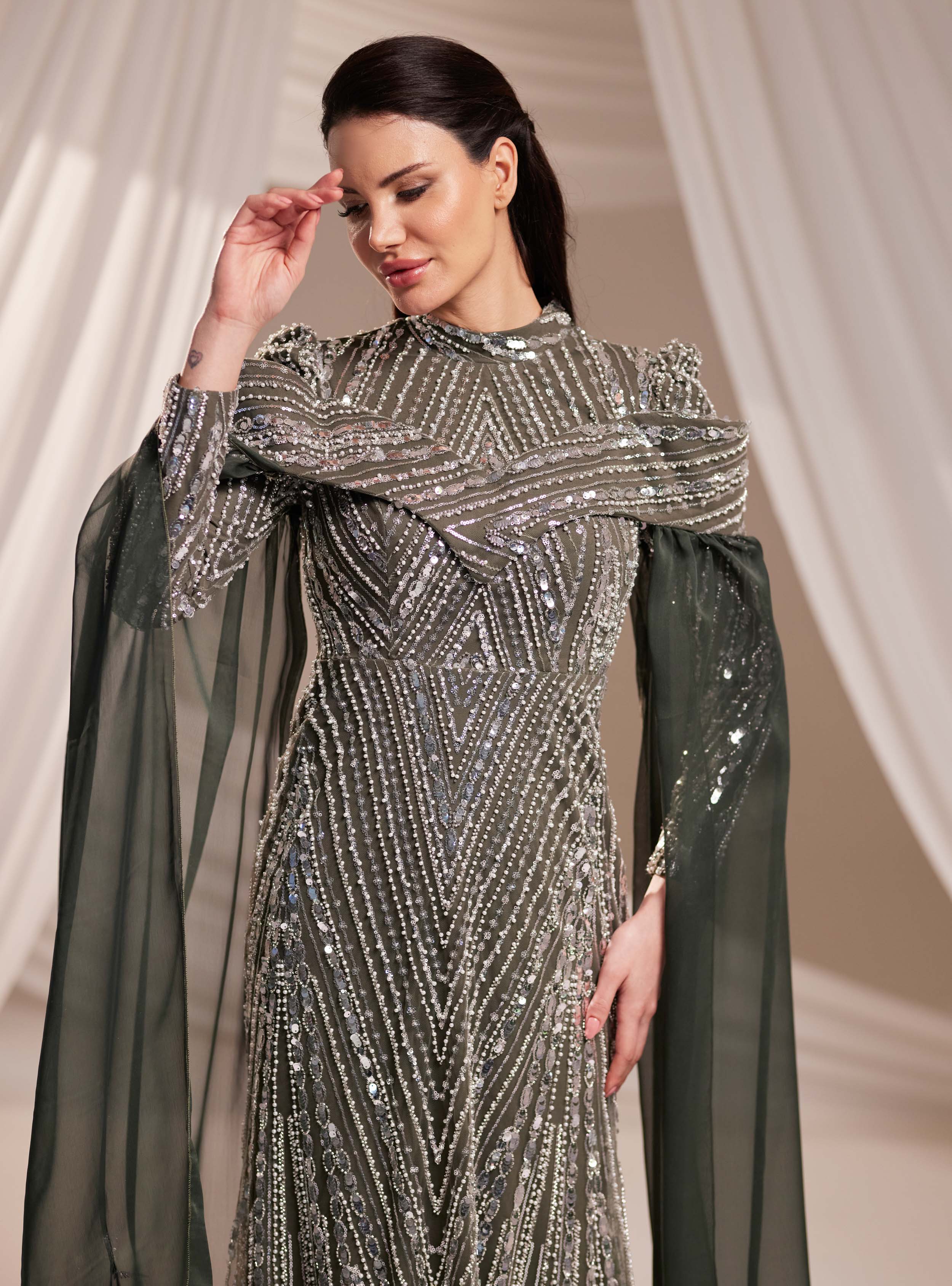 Elmas Abiye Elbise - Haki - Burak Baran Fashion - Resim 2