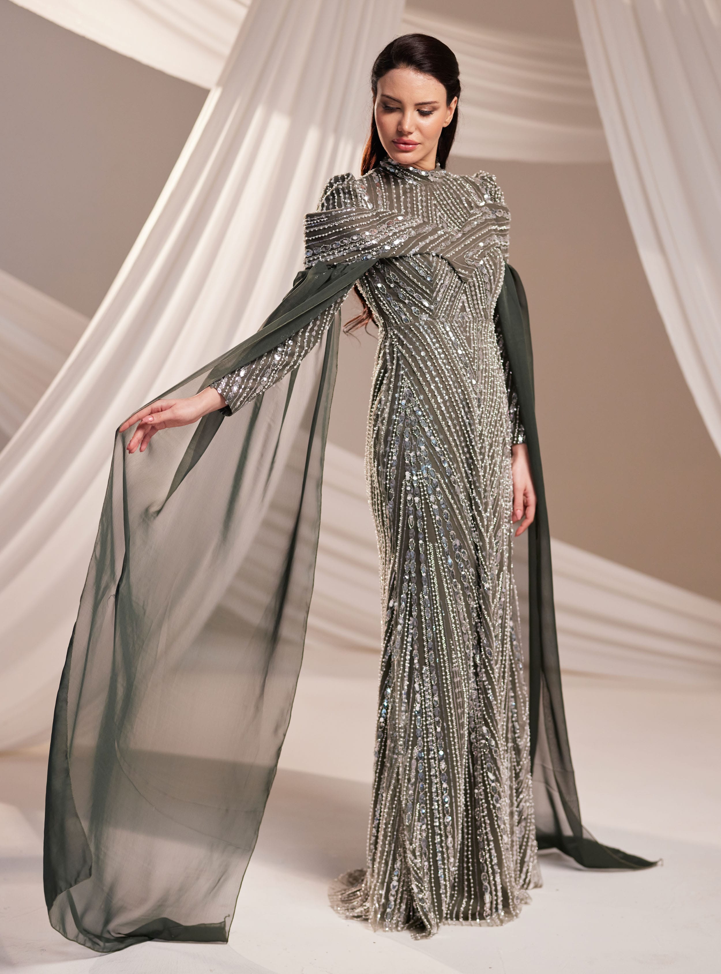 Elmas Abiye Elbise - Haki - Burak Baran Fashion - Resim 3