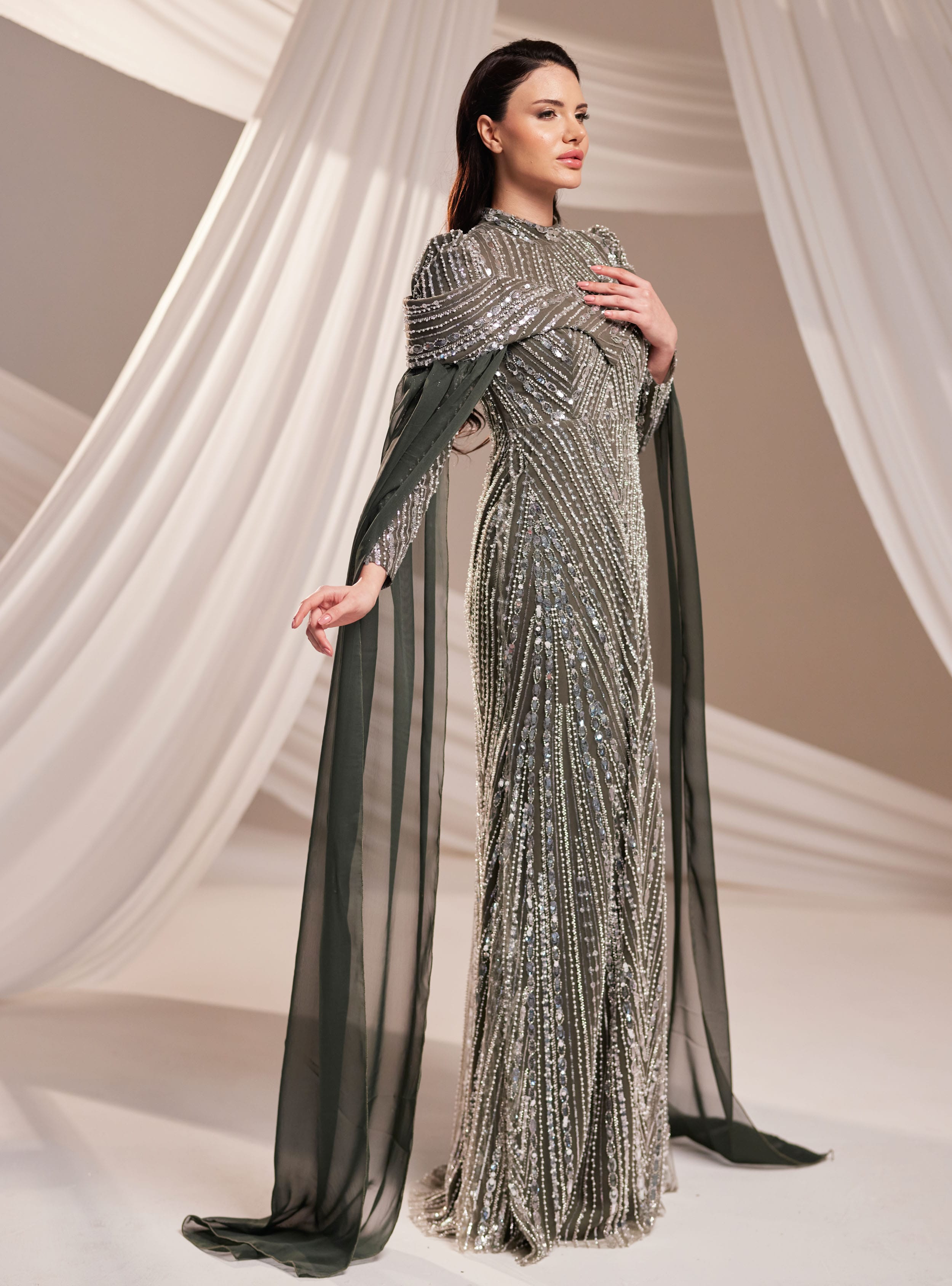 Elmas Abiye Elbise - Haki - Burak Baran Fashion - Resim 4
