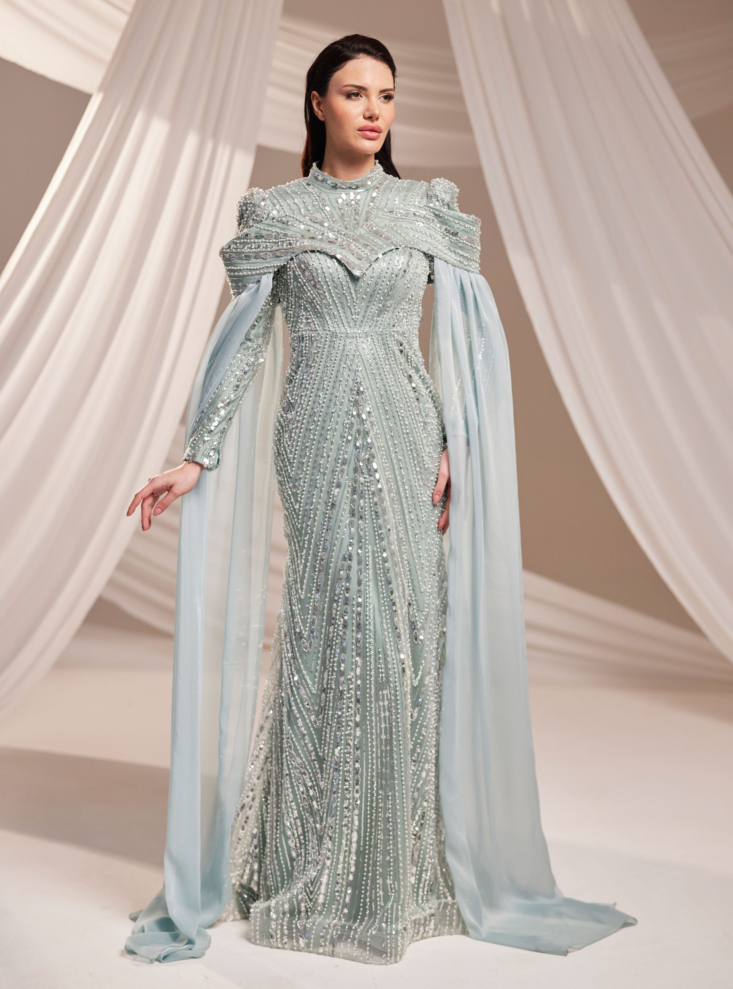 Elmas Abiye Elbise - Mint Yeşili - Burak Baran Fashion - Resim 3