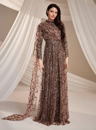 Azize Abiye Elbise - Kahverengi - Burak Baran Fashion