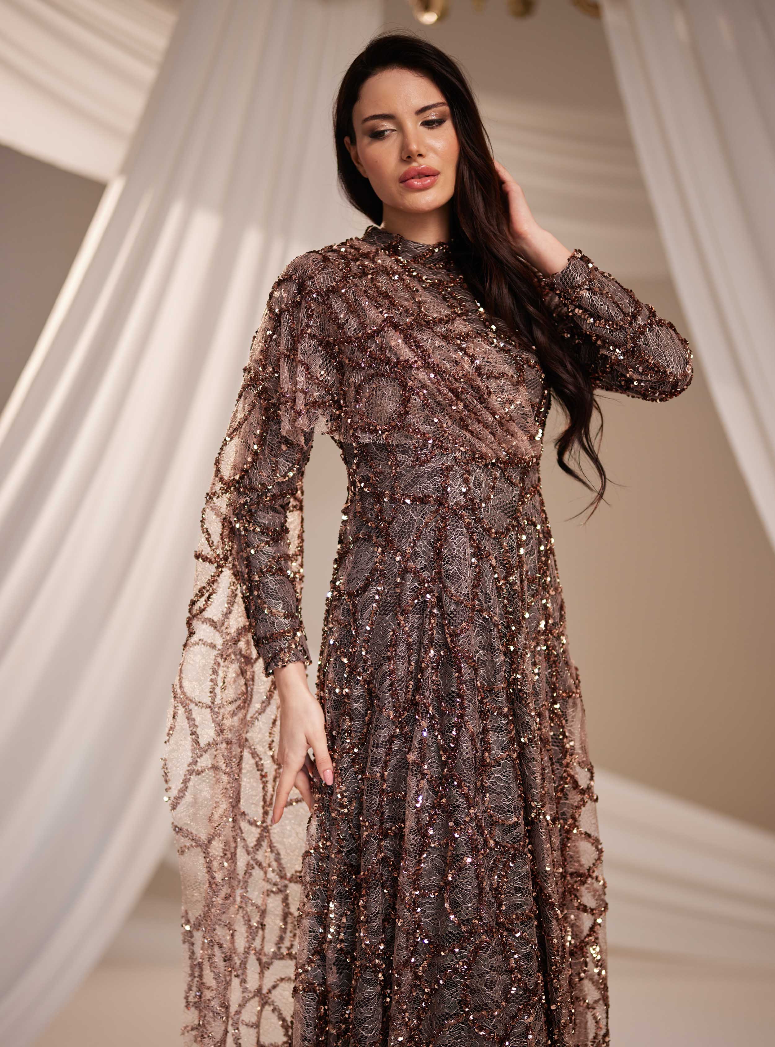 Azize Abiye Elbise - Kahverengi - Burak Baran Fashion - Resim 2