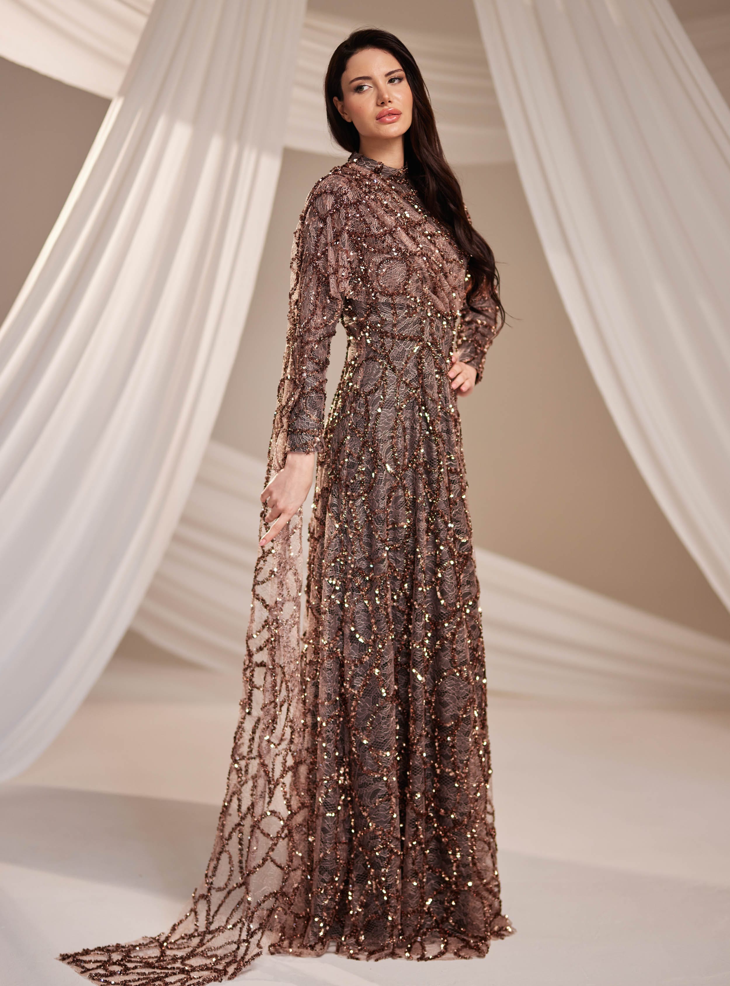 Azize Abiye Elbise - Kahverengi - Burak Baran Fashion - Resim 3