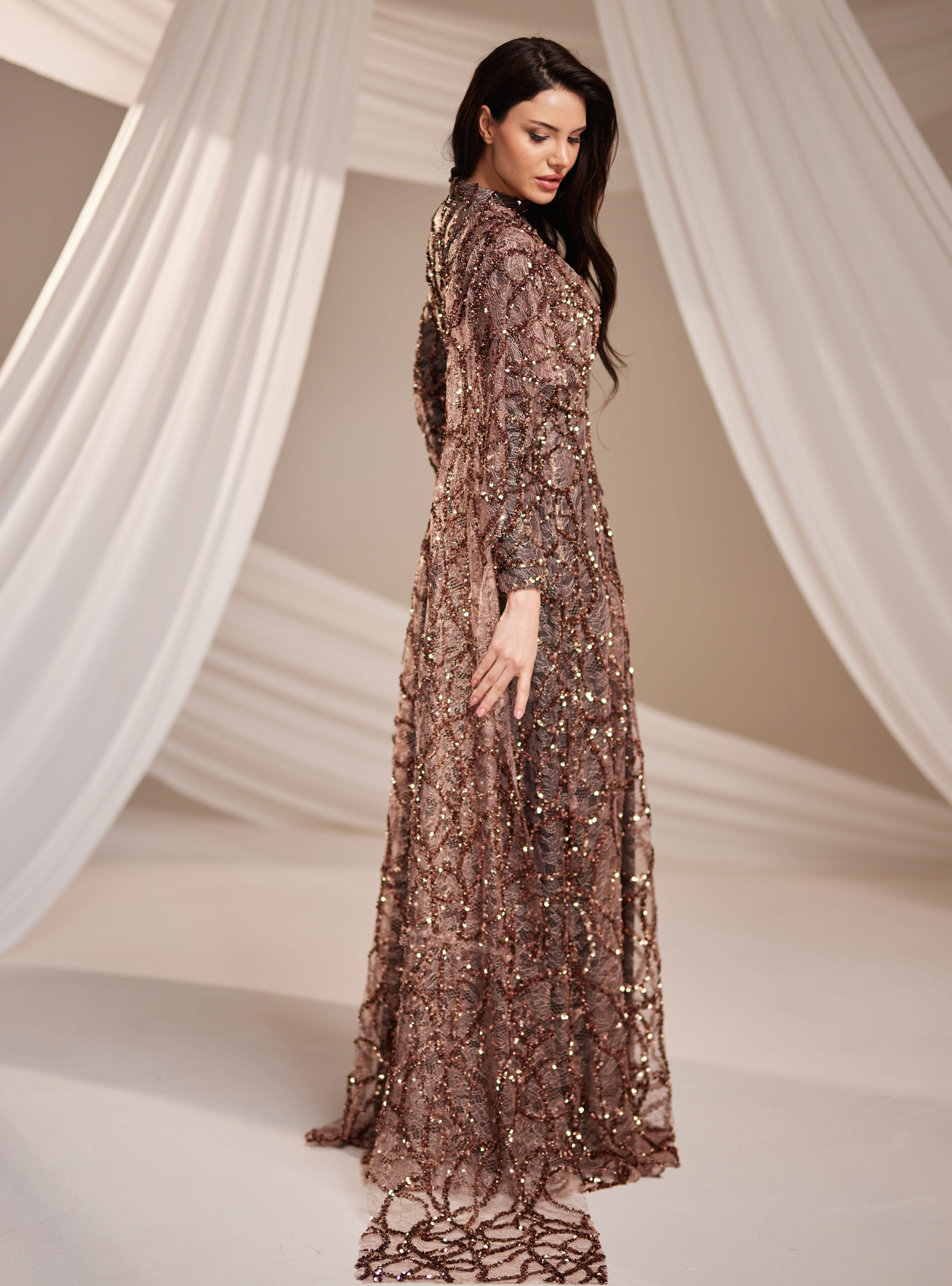 Azize Abiye Elbise - Kahverengi - Burak Baran Fashion - Resim 4