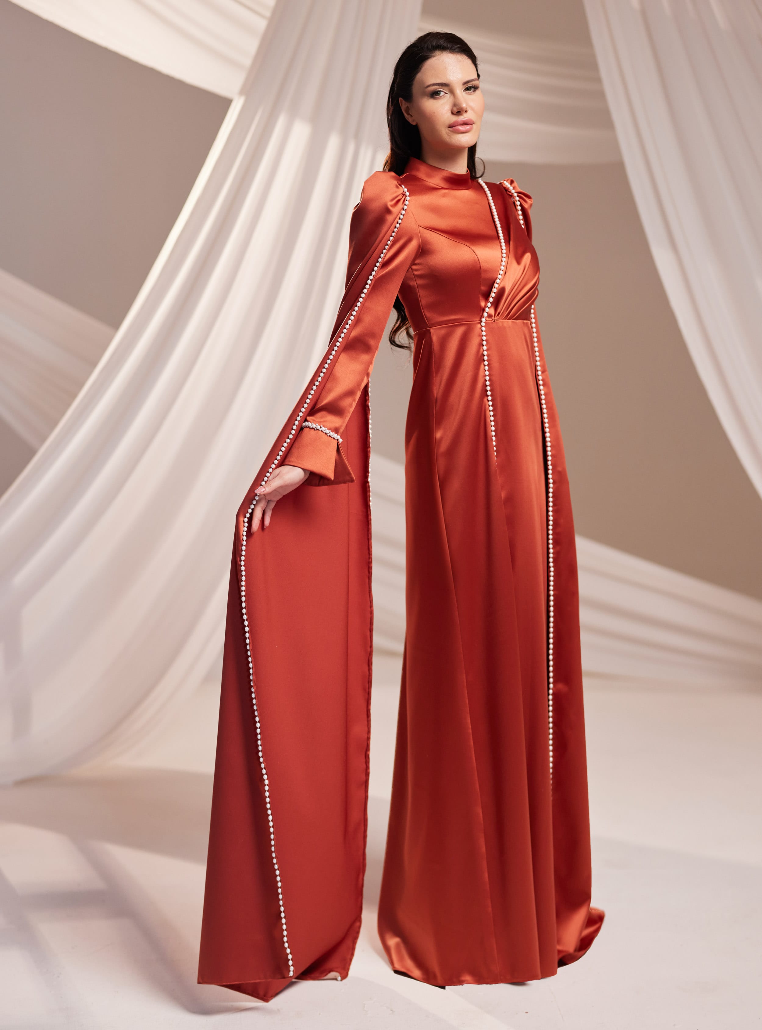 Liva Abiye Elbise - Kiremit - Burak Baran Fashion - Resim 3