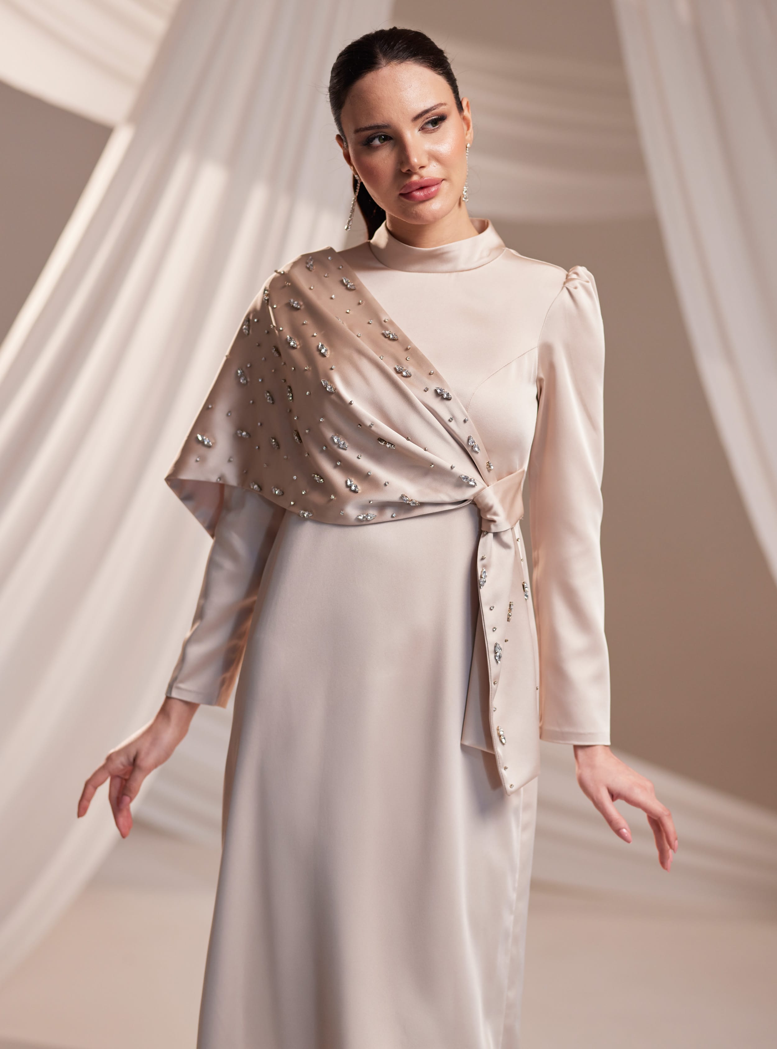 Dilara Abiye Elbise - Vizon - Burak Baran Fashion - Resim 2