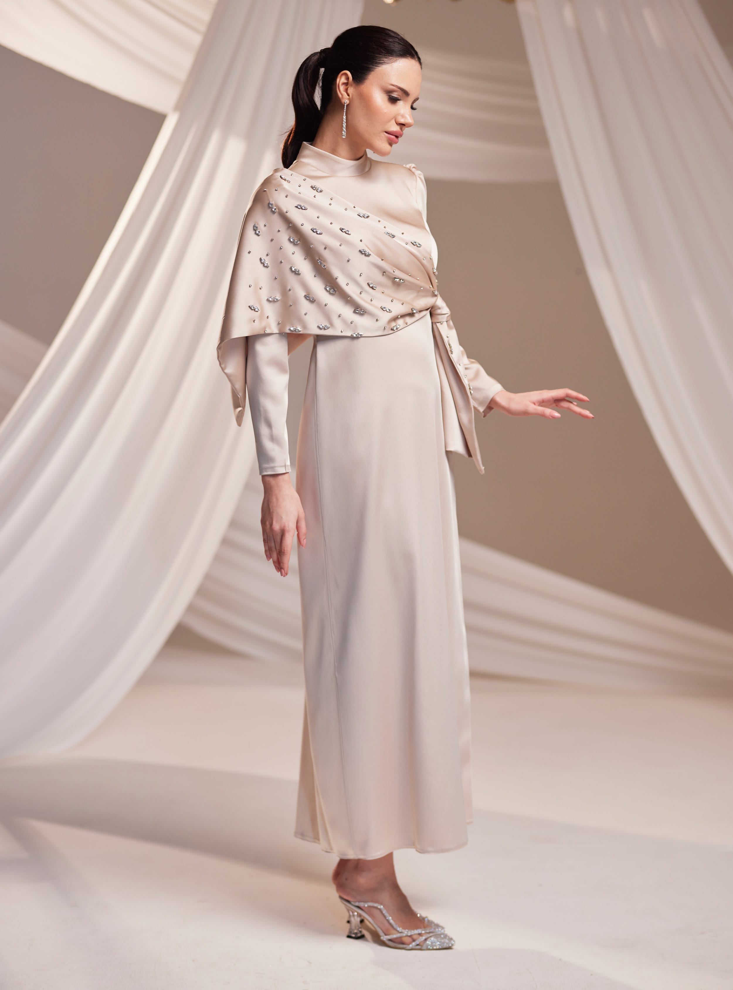 Dilara Abiye Elbise - Vizon - Burak Baran Fashion - Resim 3