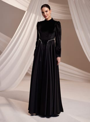 Kadife Abiye Elbise - Siyah - Burak Baran Fashion