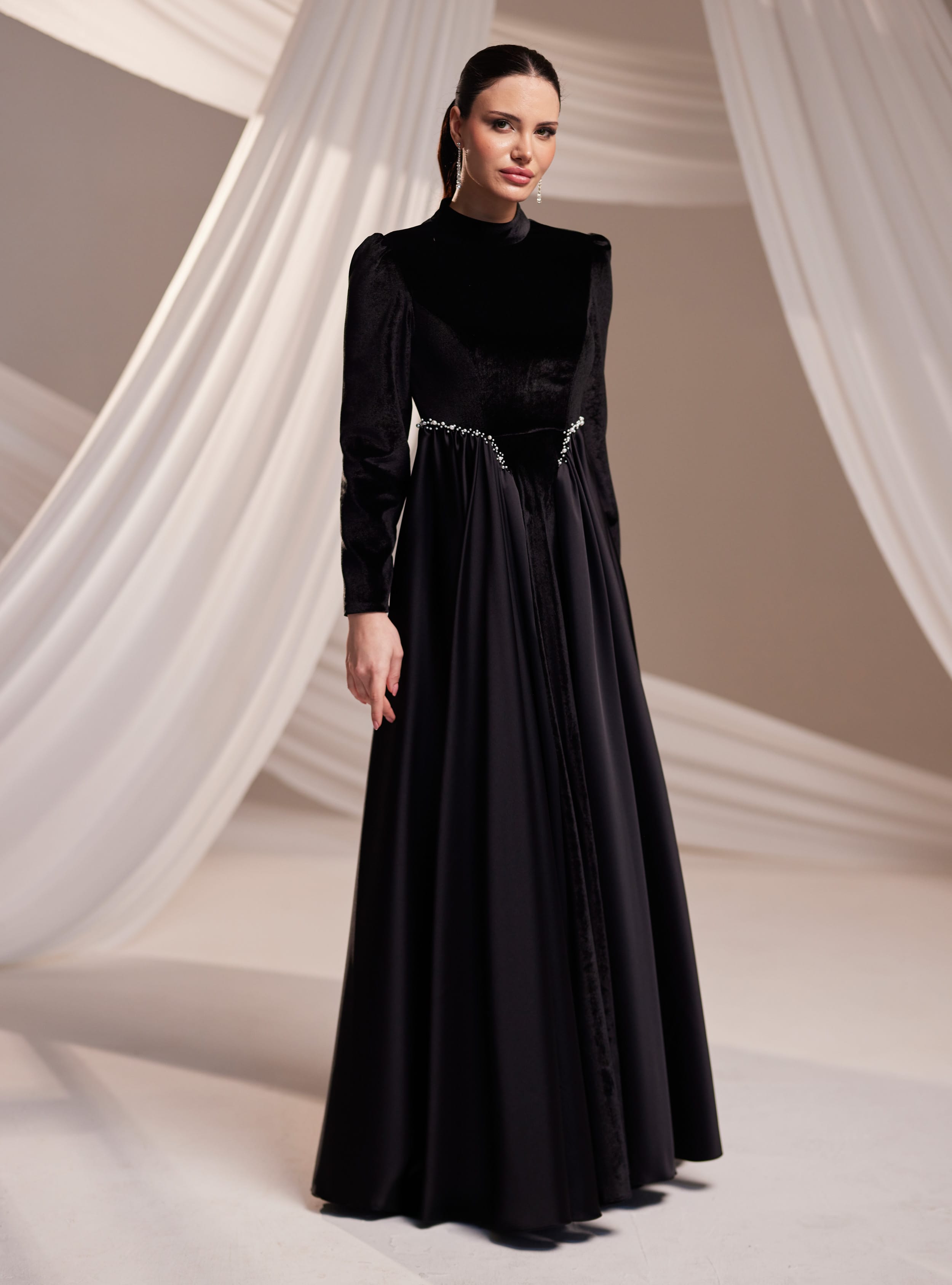 Kadife Abiye Elbise - Siyah - Burak Baran Fashion - Resim 2