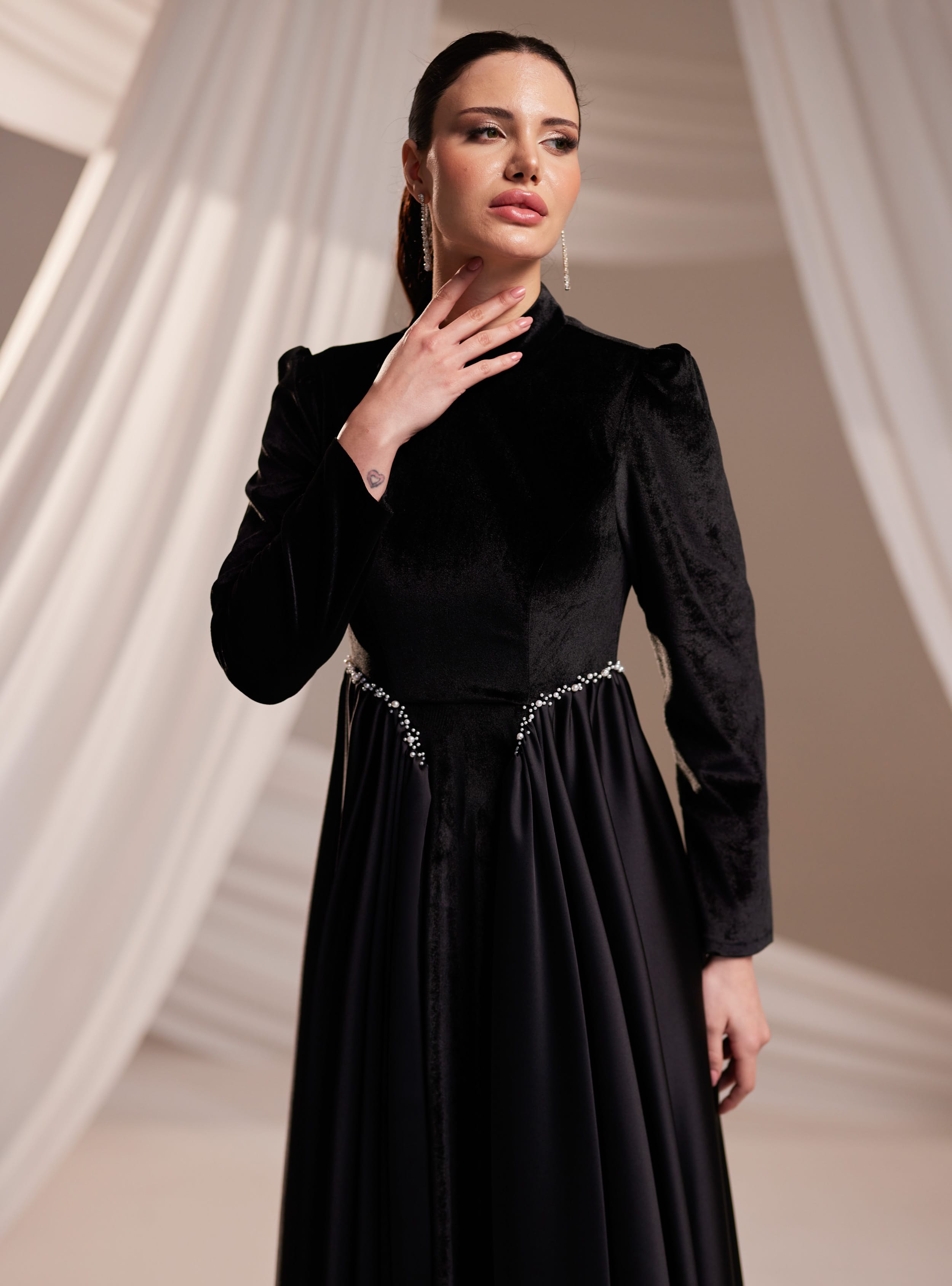 Kadife Abiye Elbise - Siyah - Burak Baran Fashion - Resim 3