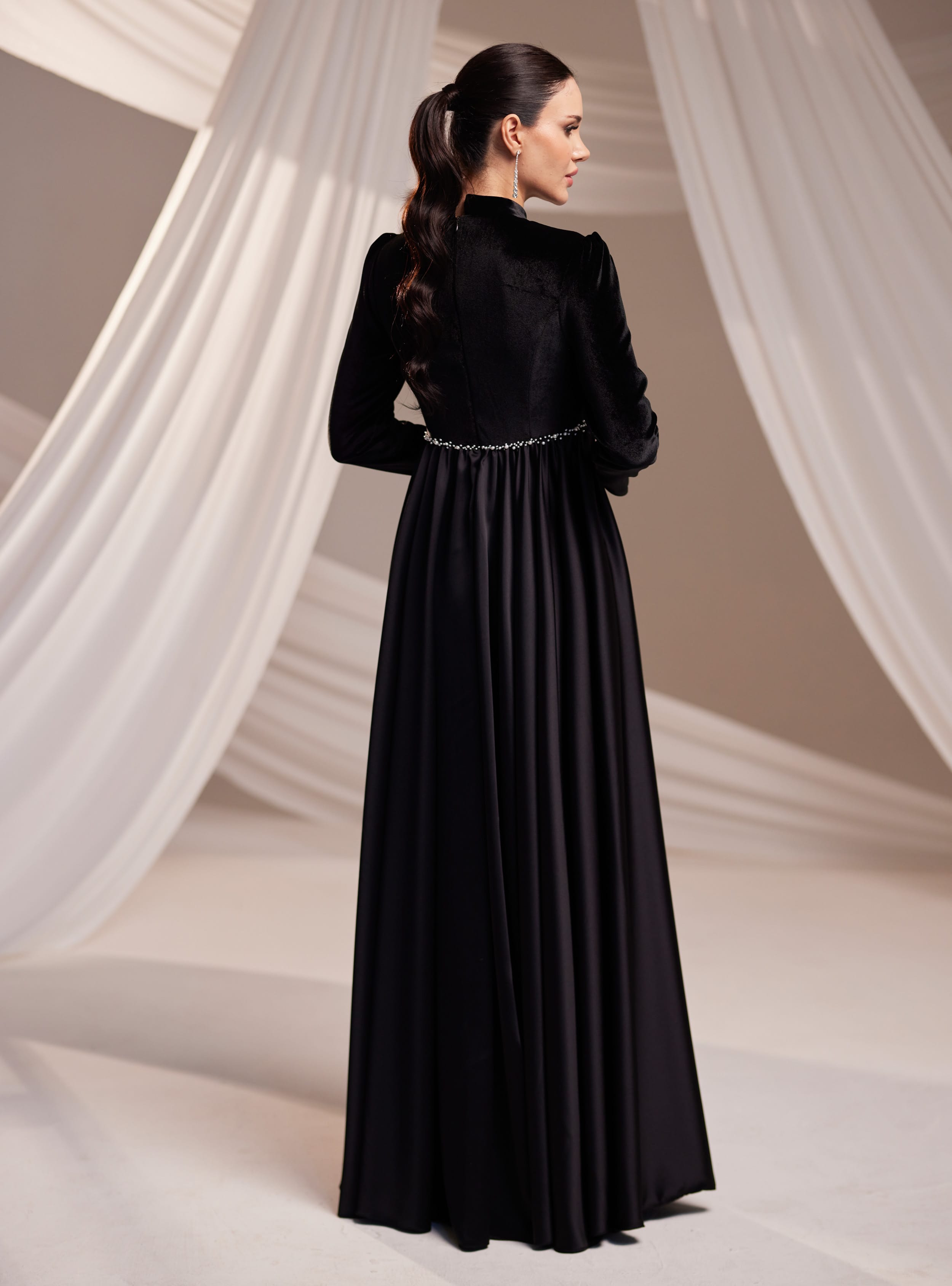 Kadife Abiye Elbise - Siyah - Burak Baran Fashion - Resim 4
