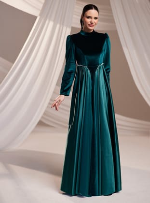 Kadife Abiye Elbise - Zümrüt Yeşili - Burak Baran Fashion