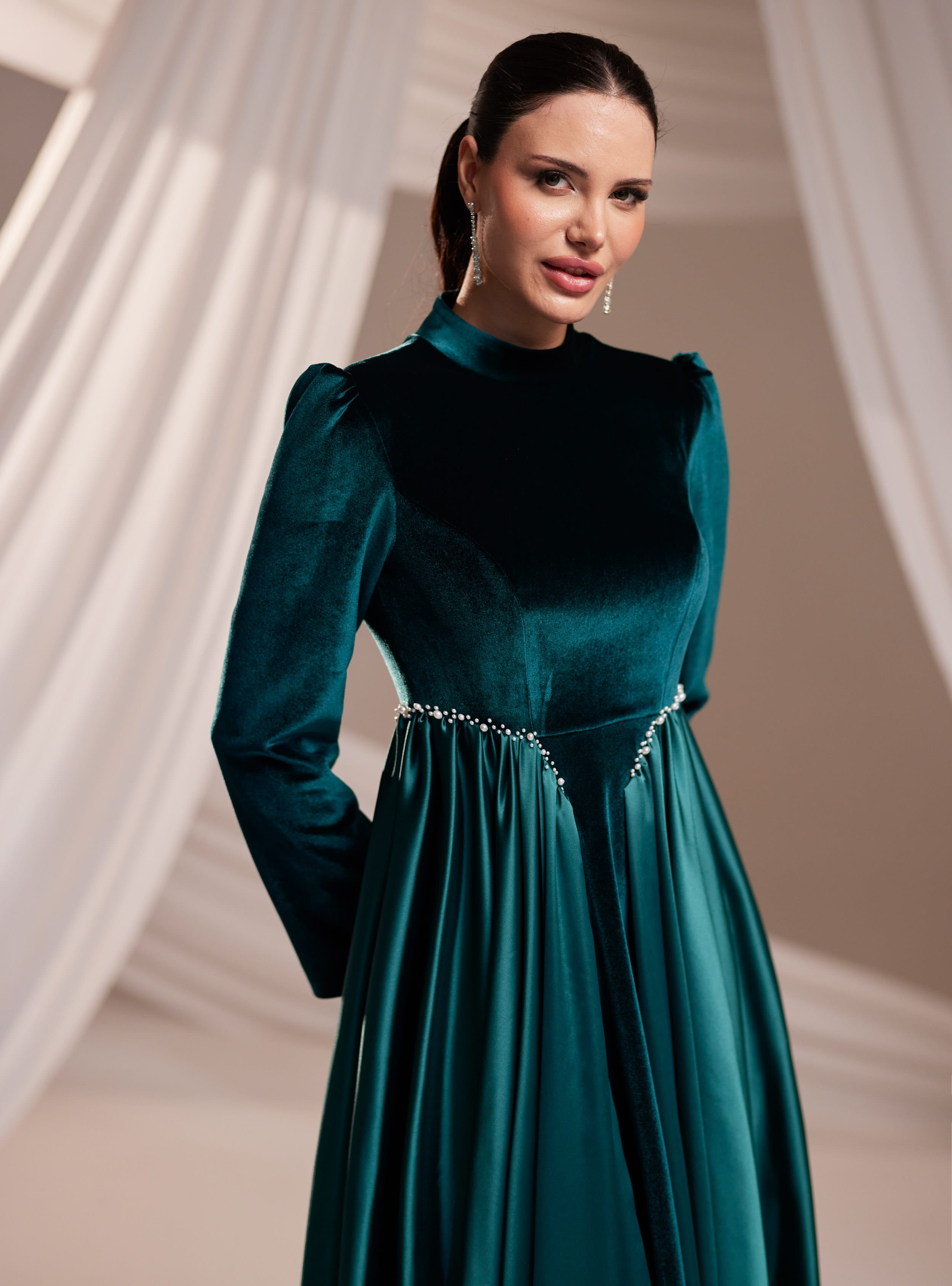 Kadife Abiye Elbise - Zümrüt Yeşili - Burak Baran Fashion - Resim 2