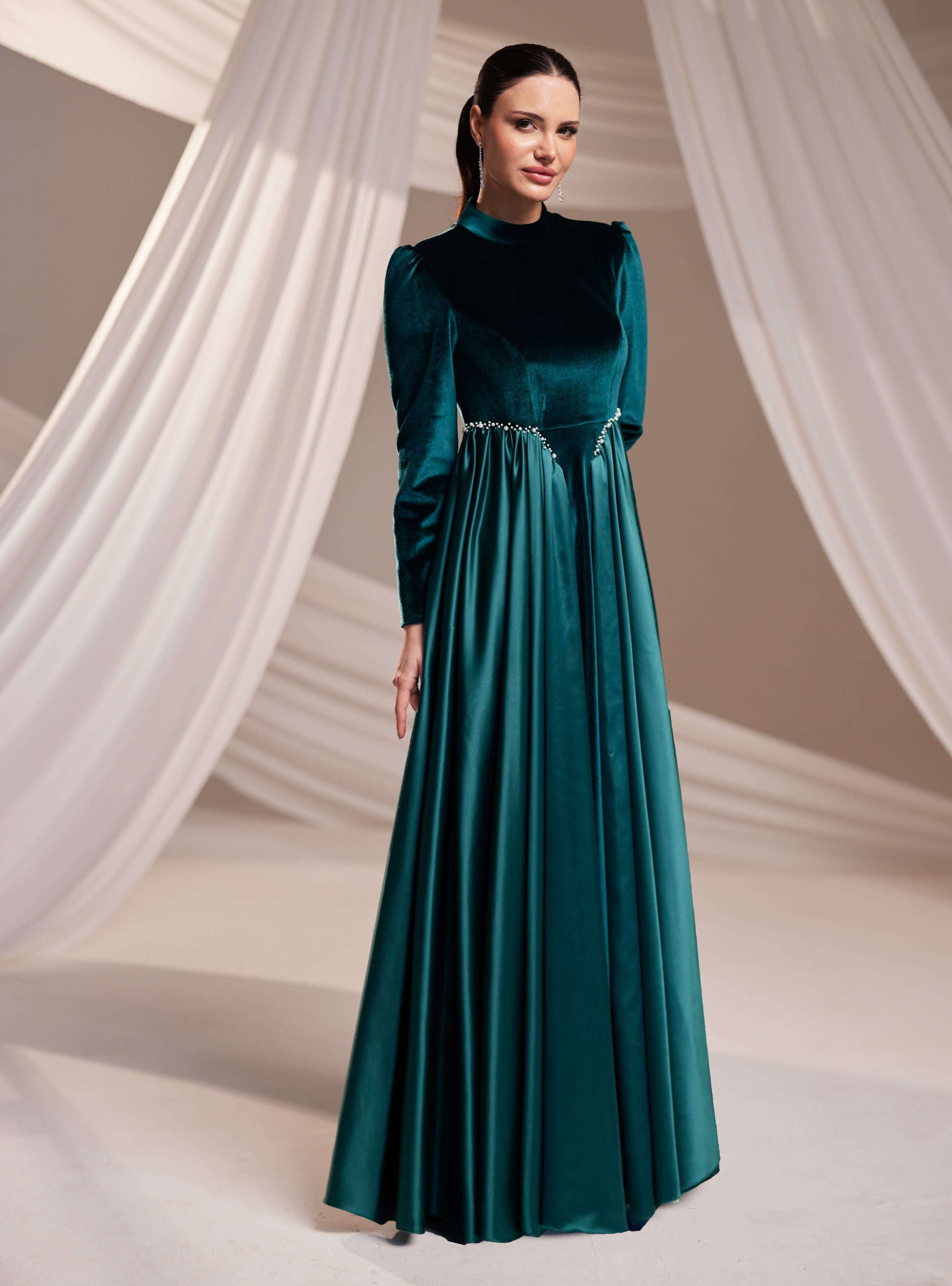 Kadife Abiye Elbise - Zümrüt Yeşili - Burak Baran Fashion - Resim 3