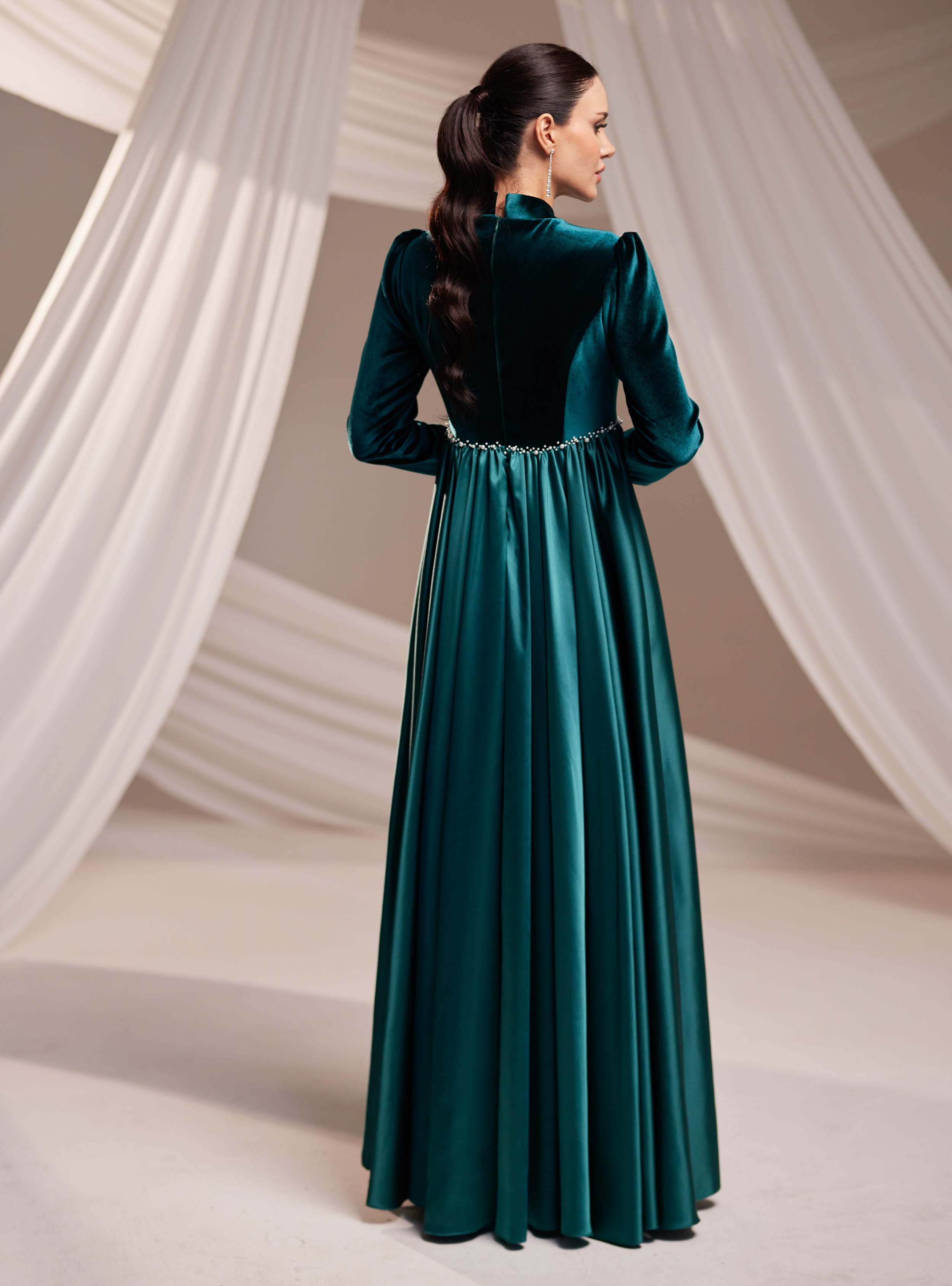 Kadife Abiye Elbise - Zümrüt Yeşili - Burak Baran Fashion - Resim 4