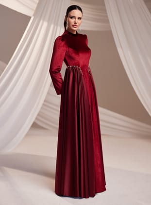 Kadife Abiye Elbise - Bordo - Burak Baran Fashion