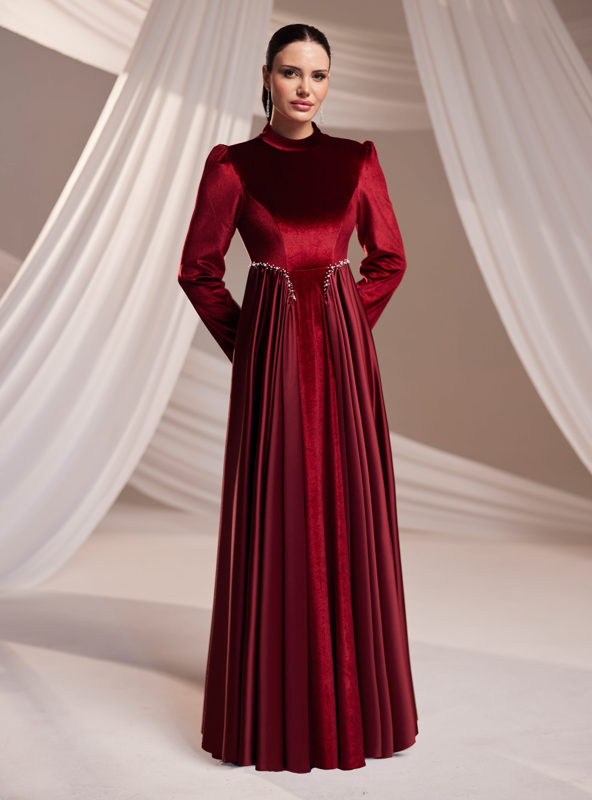 Kadife Abiye Elbise - Bordo - Burak Baran Fashion - Resim 2